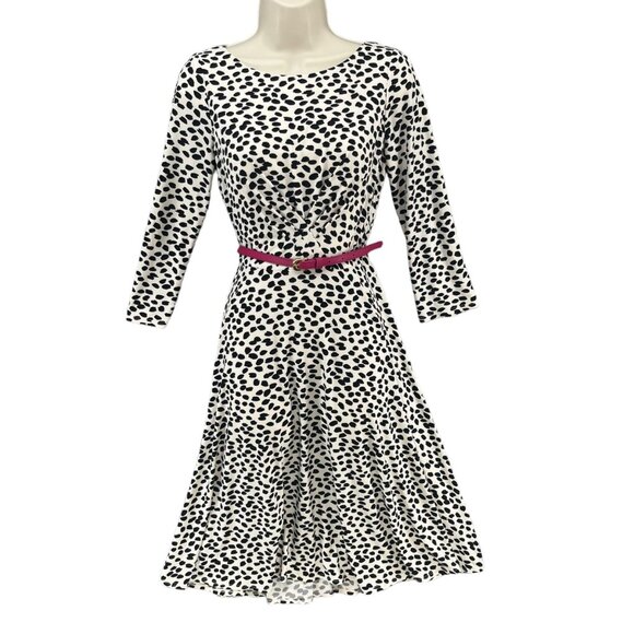 Harper Rose Belted Dress Black White Cheetah Print Spotted 3/4 Sleeve Size 6 - Picture 1 of 12